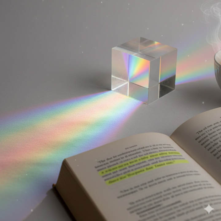 프리즘을 통과하여 무지개색으로 퍼지는 빛의 이미지, 또는 책 속의 하이라이트 구절을 찍은 감성 사진