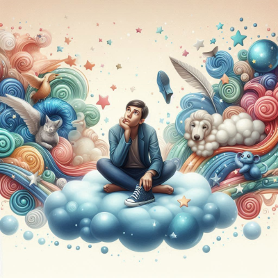 구름 위에서 다양한 상상력의 조각들이 떠있는 꿈의 세계를 표현한 이미지, 남성이 생각에 잠겨 있습니다.