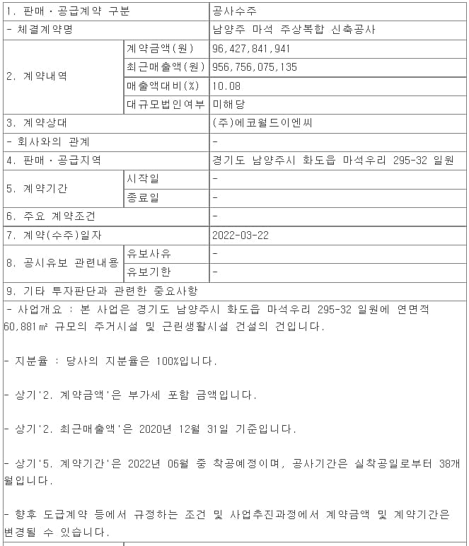 신세계건설, 남양주 마석 주상복합 신축공사