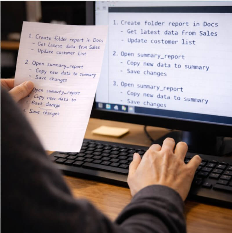 종이에 적힌 순서를 눈으로 확인하며 키보드 위에서 손가락이 천천히 움직이는 과정의 순간