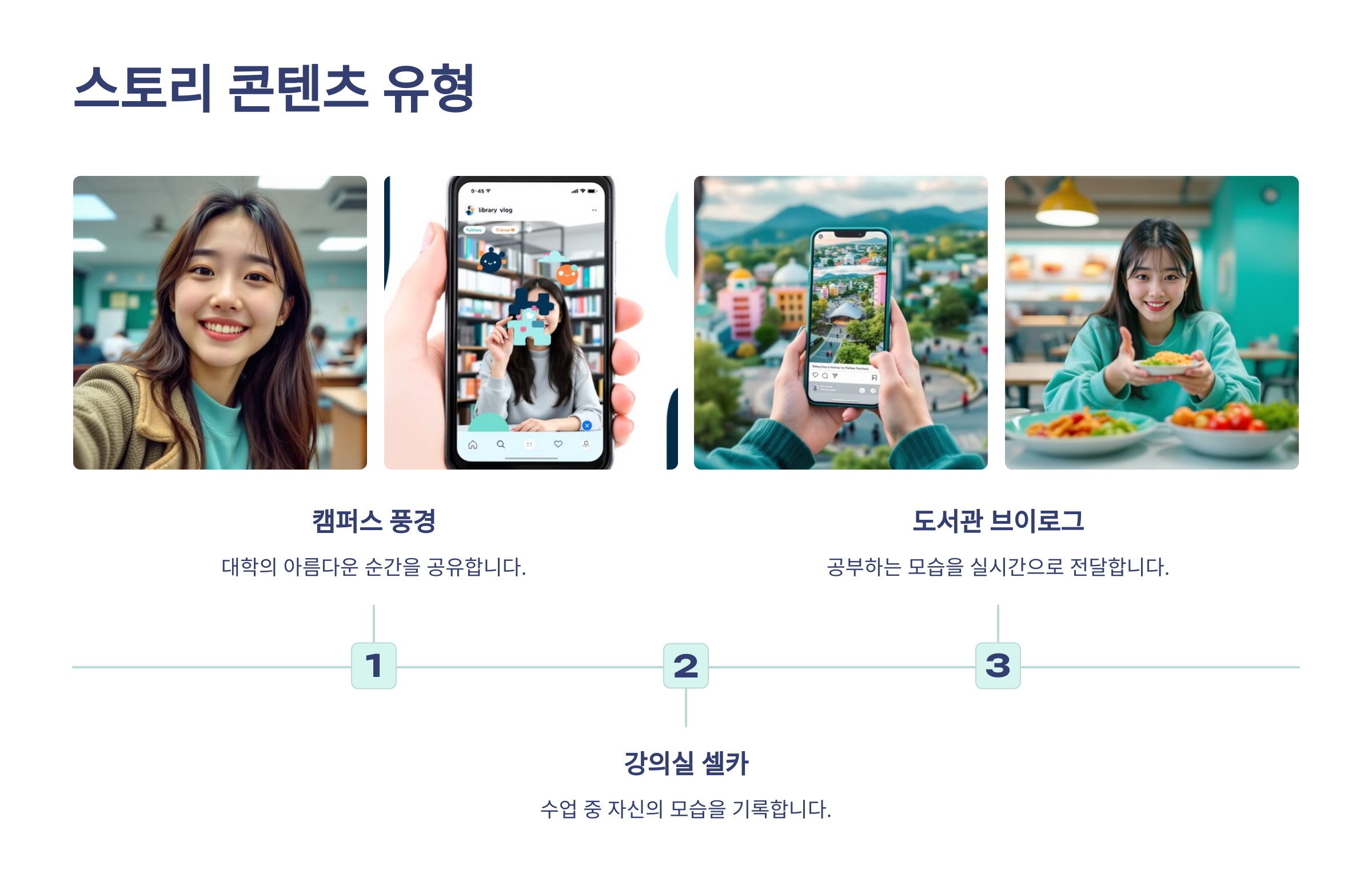 스토리 콘텐츠 유형이라는 글이 상단에 있고 아래에 콘텐츠에 관련된 사진 4장이 나열되어 있는 이미지