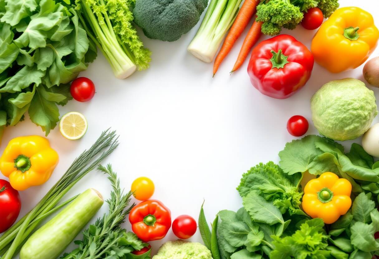 싱싱한 채소들이 원형으로 배열된 모습. 건강한 식단과 내장지방 관리에 좋은 채소들