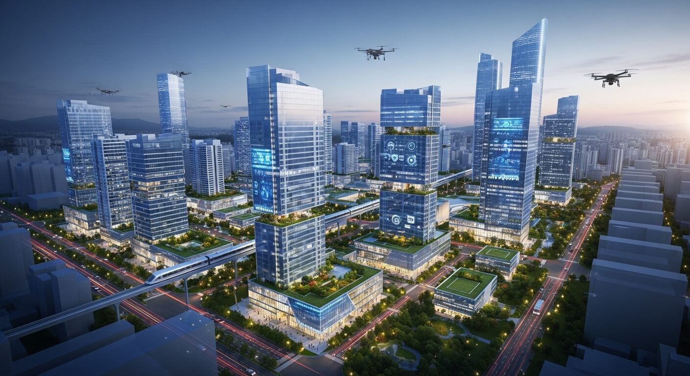 최첨단빌딩이 즐비하게 들어서 있고 하늘에는 드론들이 떠있다