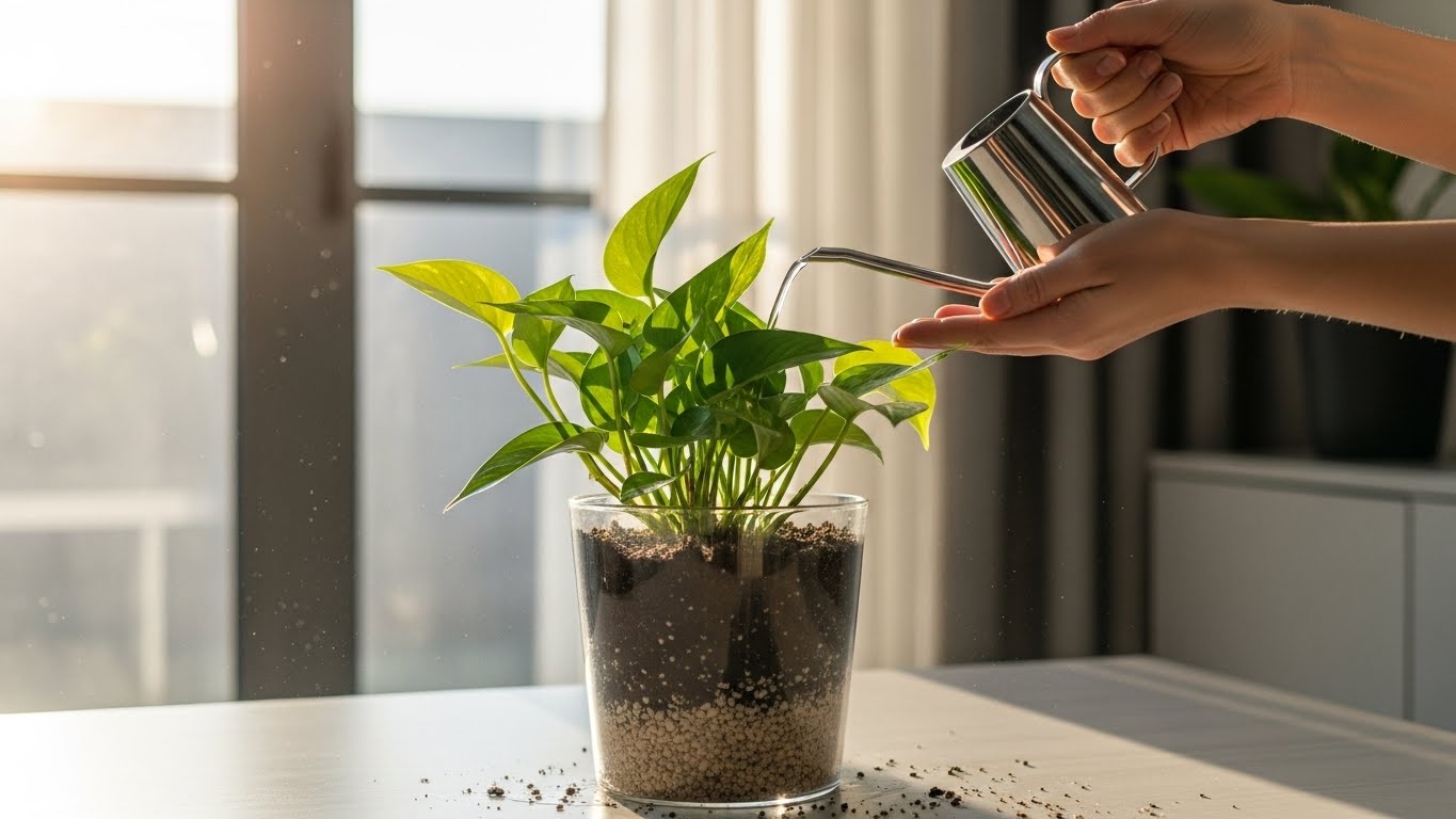 아침 시간대 실내에서 화분의 흙 상태를 확인하며 식물에 물을 주는 장면. 식물 물 주기 과학과 올바른 관리 기준을 설명하는 대표 이미지.