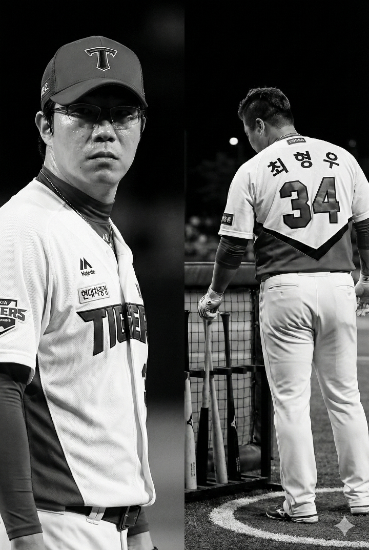 양현종의 진지한 표정과, 타석에 들어서기 전 배트를 고르고 있는 최형우 선수