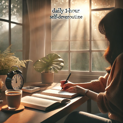 하루 1시간의 루틴을 실천하는 사람의 모습 &ndash; 책, 플래너, 아침 햇살 속 일상 속의 변화