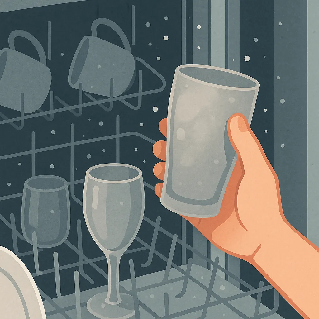 식기세척기에서-꺼낸-뿌연-유리컵을-들고-있는-손의-일러스트