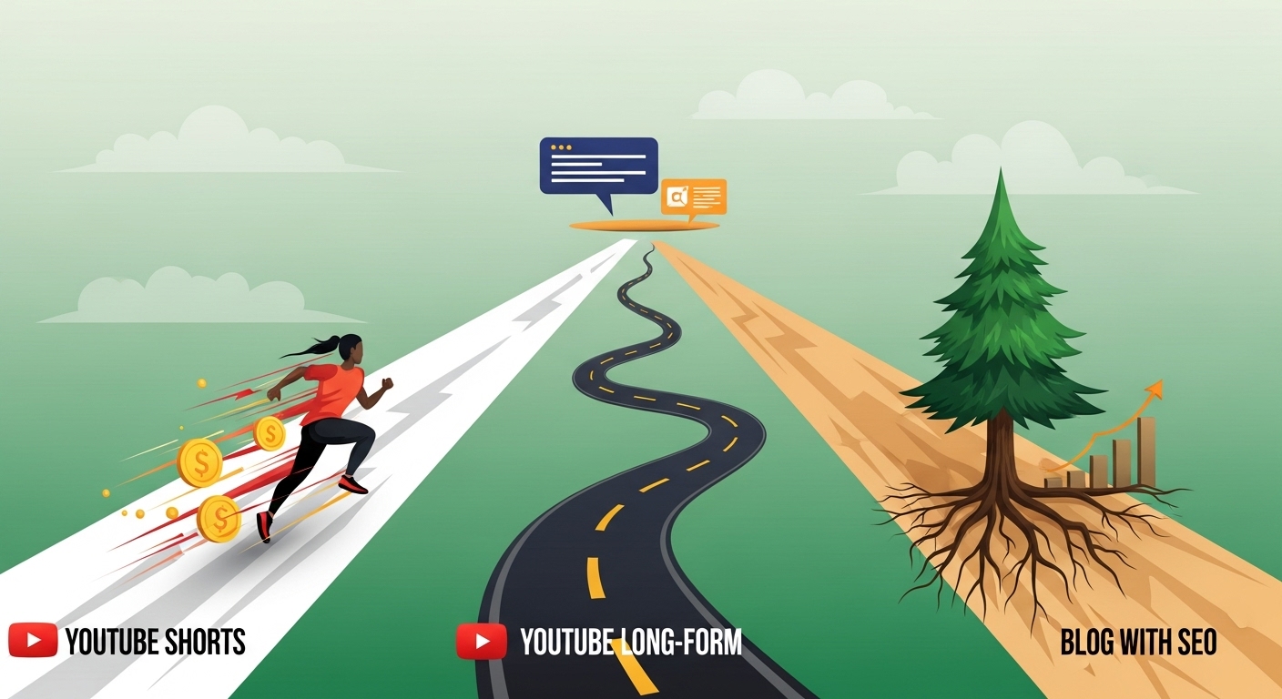 2025년 디지털 수익화를 위한 쇼츠, 롱폼, 블로그 세 가지 경로를 비교하는 전략적 선택의 일러스트.