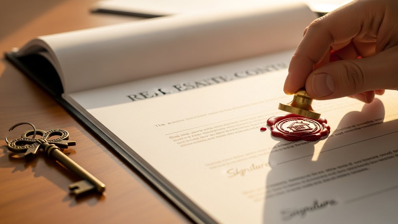 Close-up of a hand stamping a seal on a real estate contract, a key on the table, warm sunlight hitting the paper, symbolizing home ownership, detailed texture