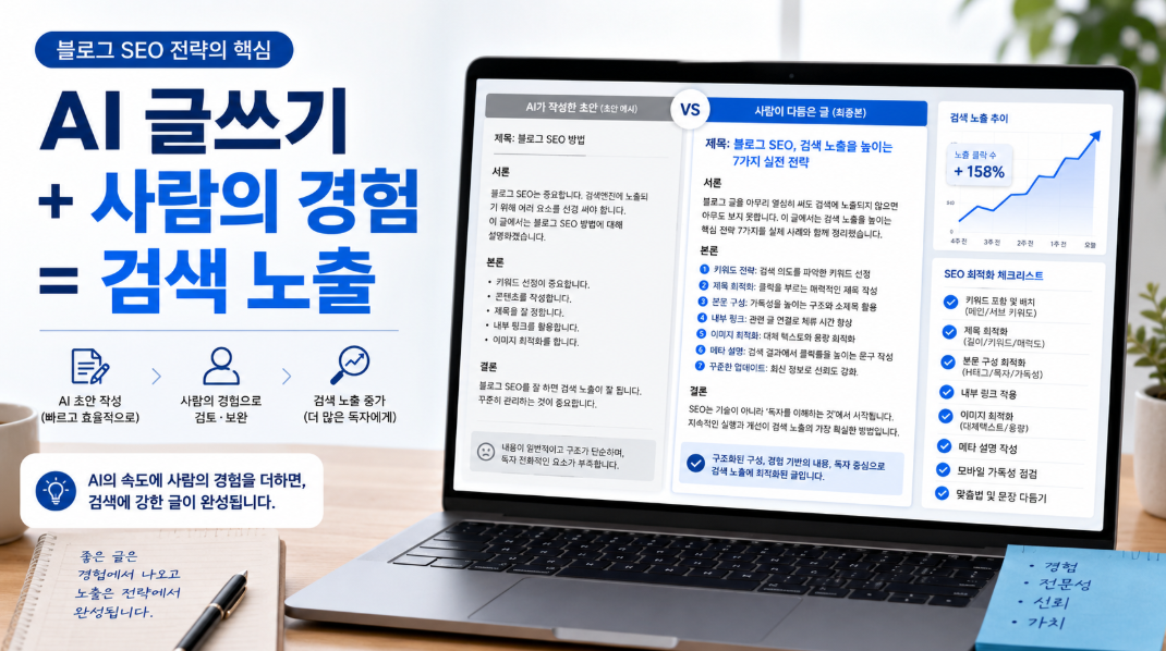 AI 글쓰기와 사람의 경험을 섞어 검색 노출 잘 되는 블로그 글을 쓰는 방법을 설명하는 썸네일 이미지