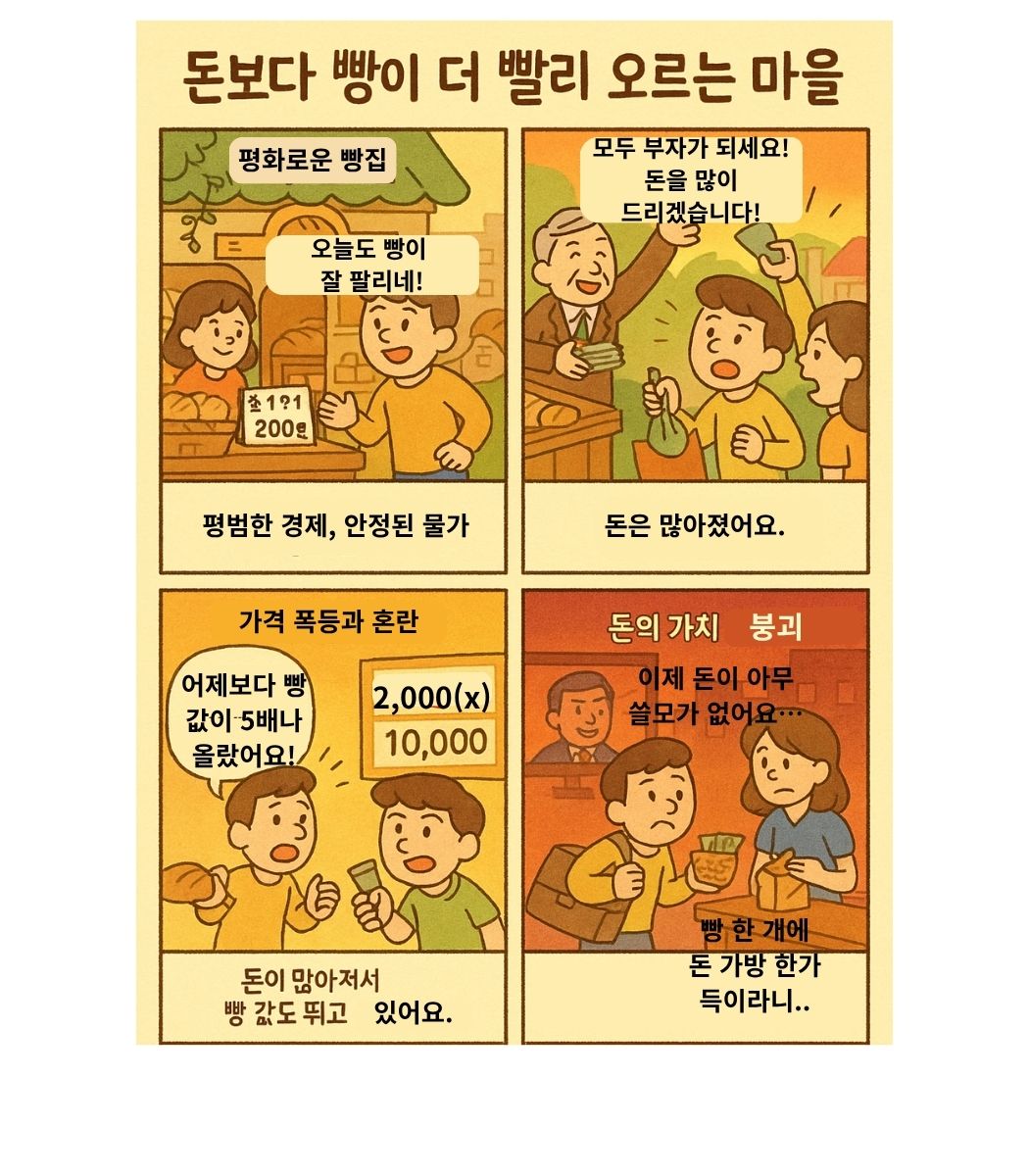 작은 마을 빵집에서 빵 값이 급격히 오르는 과정을 통해 하이퍼인플레이션을 설명하는 4컷 교육 만화