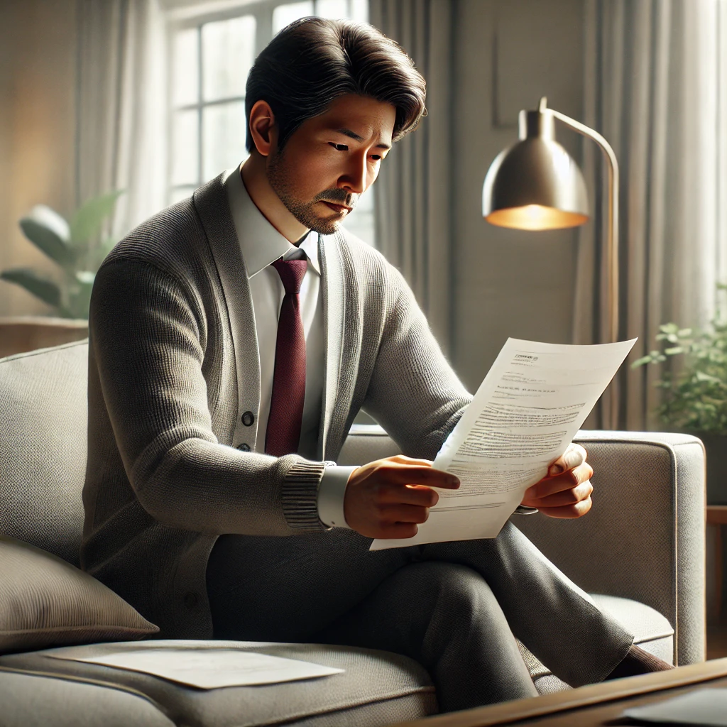 거실에서 문서를 들고 사업 실패를 생각하며 깊은 표정을 짓는 중년 남성