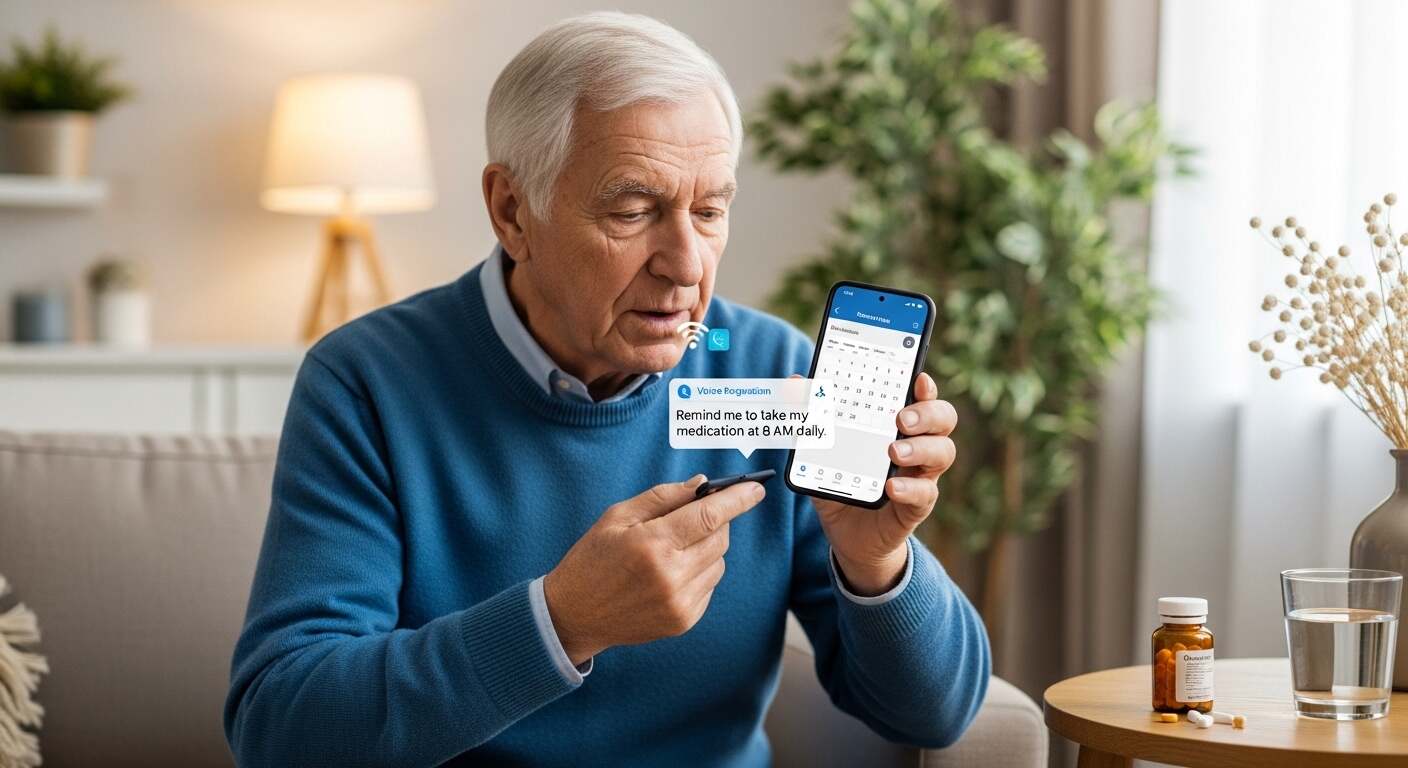 음성 명령으로 약 복용 알림을 설정하는 시니어의 모습