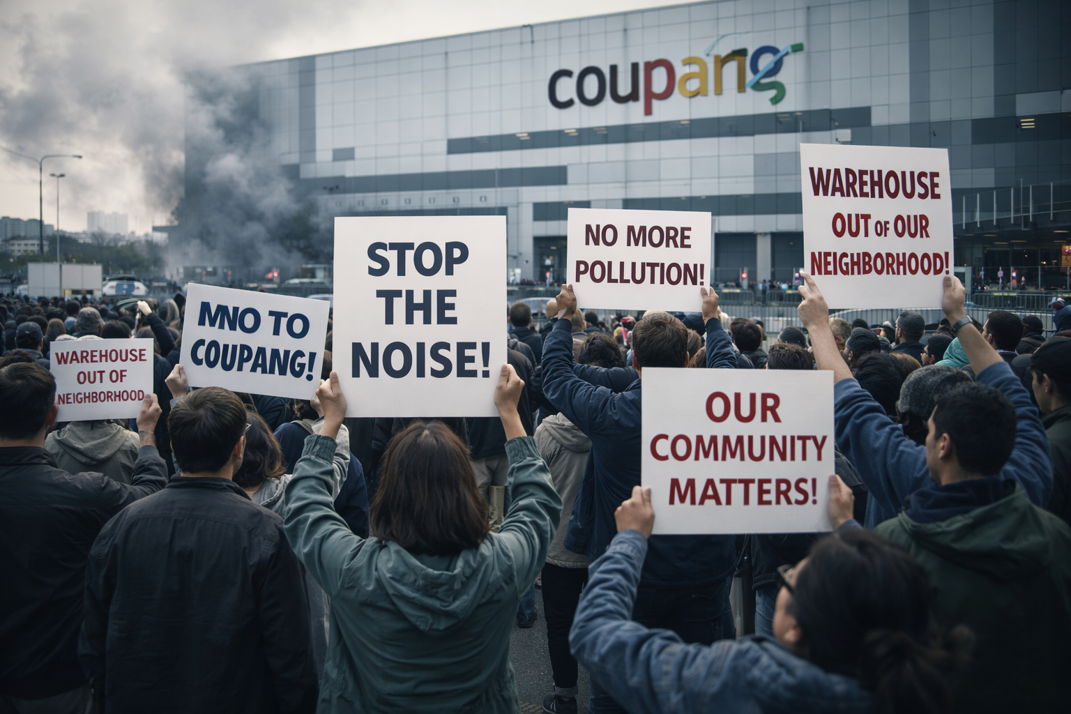 물류센터 앞에서 시위하는 모습