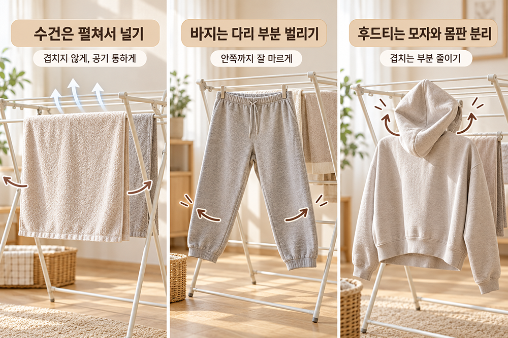 겨울철 실내 빨래를 빠르게 말리는 방법을 보여주는 이미지. 수건은 겹치지 않게 펼쳐 널고, 바지는 다리 부분을 벌려 건조하며, 후드티는 모자와 몸판이 겹치지 않도록 분리해 공기 순환을 돕는 방법을 비교한 모습.