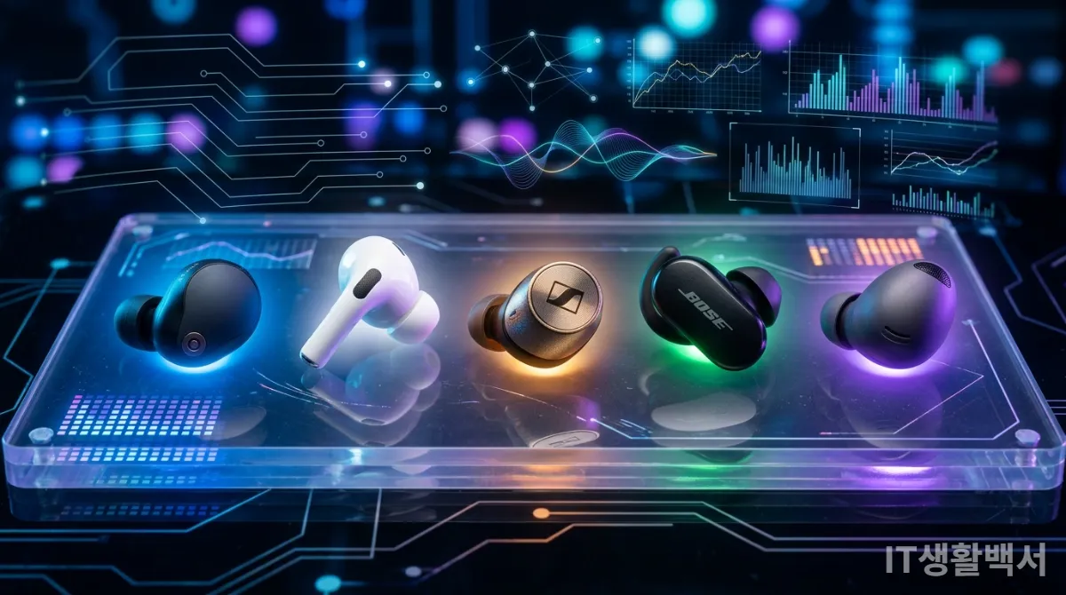 추천된 5가지 무선 이어폰 모델이 빛나는 표면에 배열된 모습