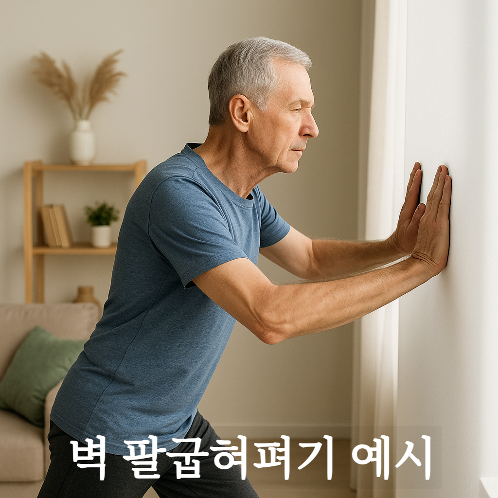 벽 짚고 팔굽혀펴기를 하고 있는 중년 남성 이미지