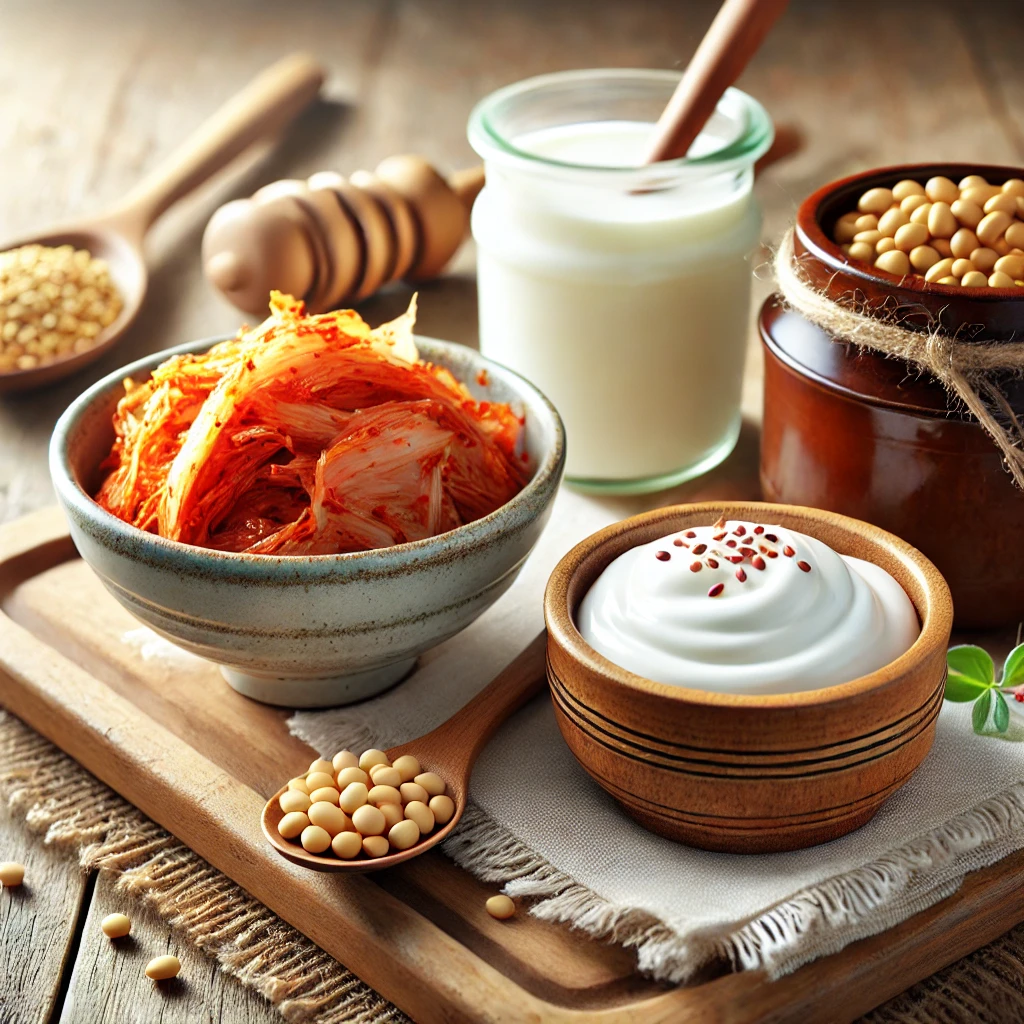 DALL·E 2025-03-19 18.21.55 - A high-quality, professional image showcasing fermented foods such as kimchi, yogurt, and doenjang (fermented soybean paste). The display includes a b.webp