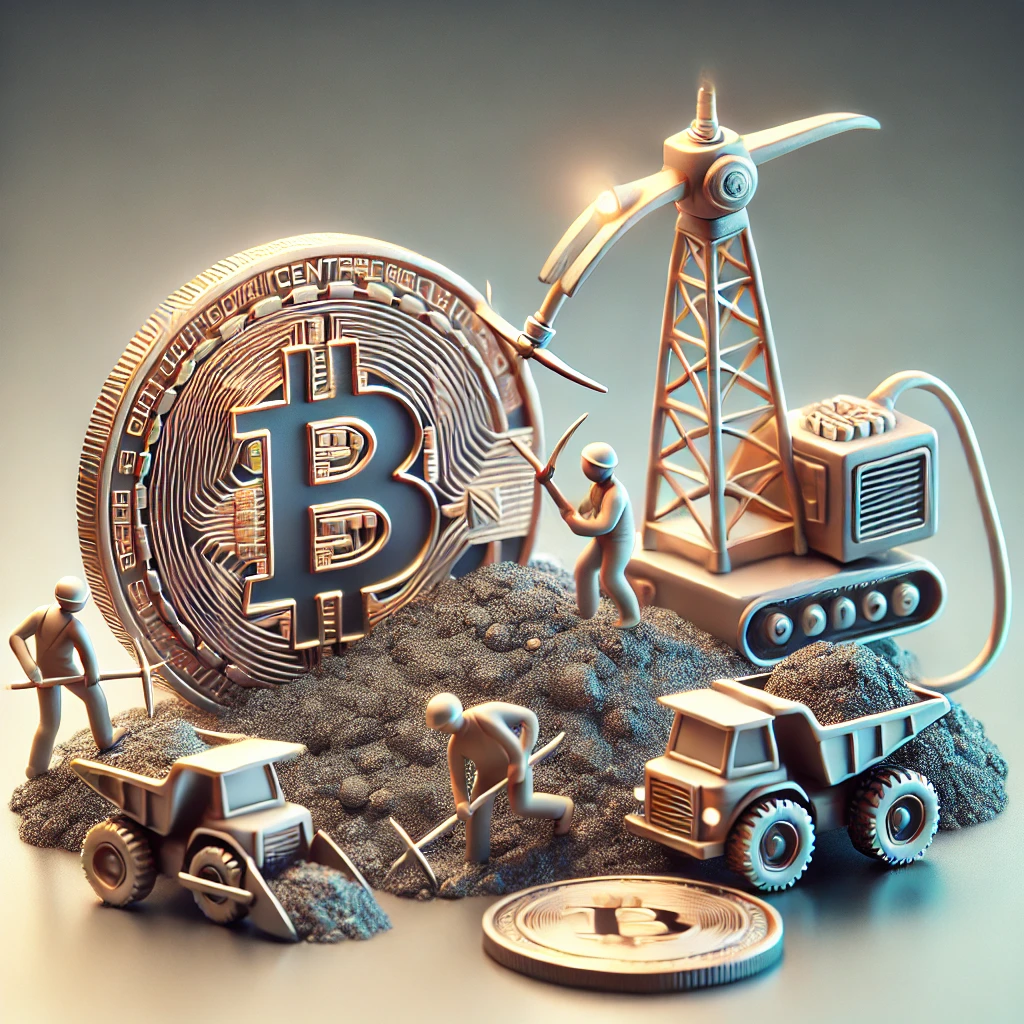 비트코인 채굴 장면. 작은 곡괭이들이 거대한 비트코인 코인을 캐는 상징적인 모습