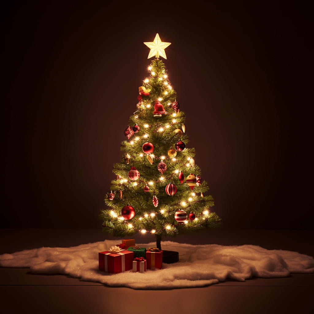 별 모양의 꼭대기 장식과 따뜻한 조명이 어우러진 크리스마스 트리&amp;#44; 붉은색과 금색 장식으로 꾸며진 모습