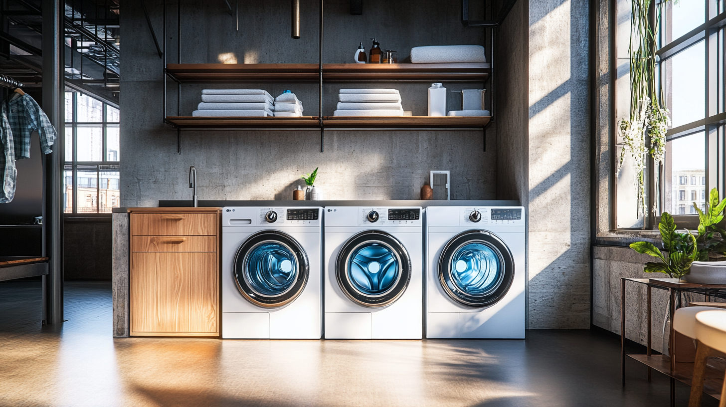 산업적인 매력이 가득한 스마트 홈의 세탁 공간. 날것의 재료와 최신 기술이 적용된 고급 가전이 함께 어우러진 도시 감각의 스타일.