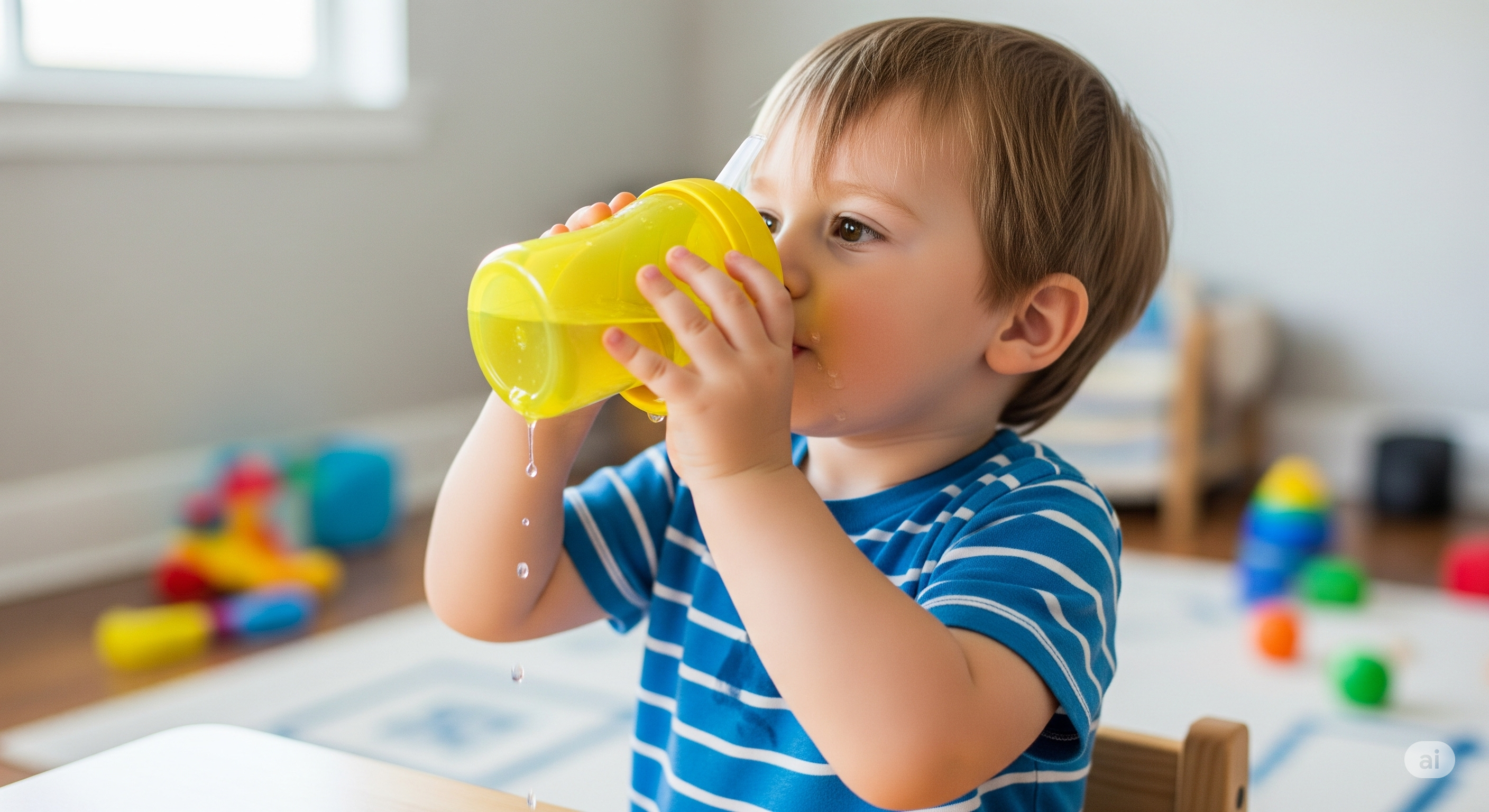 컵으로 물을 마시고 있는 아이 이미지