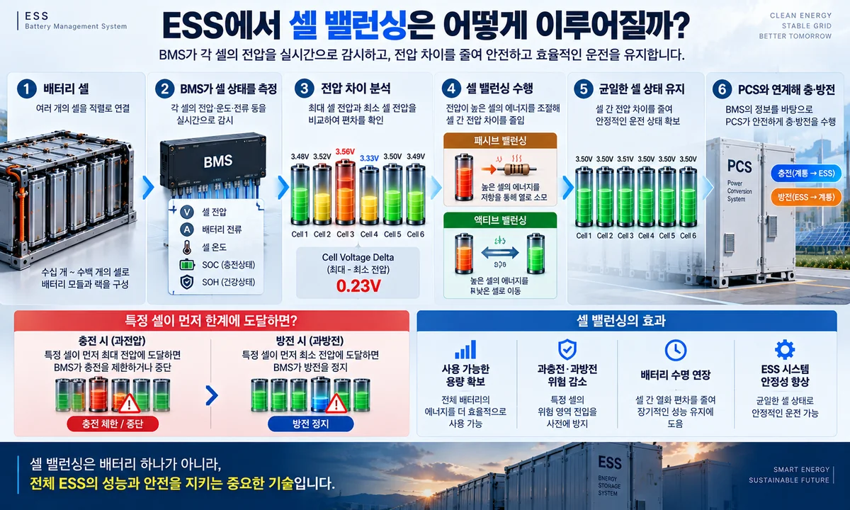 ESS BMS가 셀 전압을 측정 분석하고 밸런싱한 뒤 PCS 충방전을 제어하는 과정