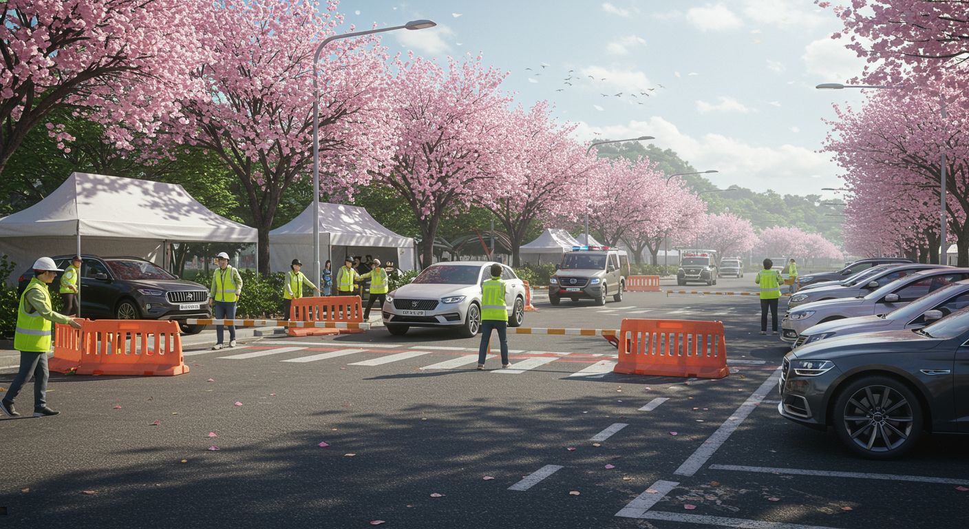 한국 봄 축제에서 주차 보조 인력이 차량을 유도하는 야외 현장 사진