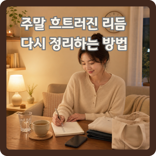 주말 저녁 실내에서 메모장과 차를 두고 생활 리듬을 다시 정리하는 여성의 웰니스 루틴 이미지