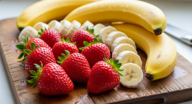 깨끗하게 씻은 딸기와 껍질을 벗긴 바나나가 도마 위에 놓여있다