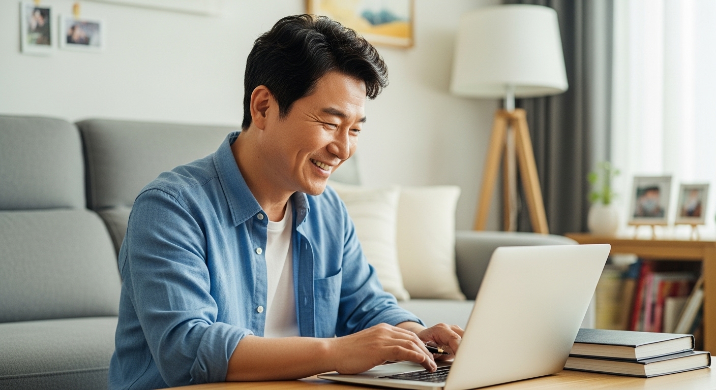 50대 남성 블로거가 노트북으로 포스트 작성 중