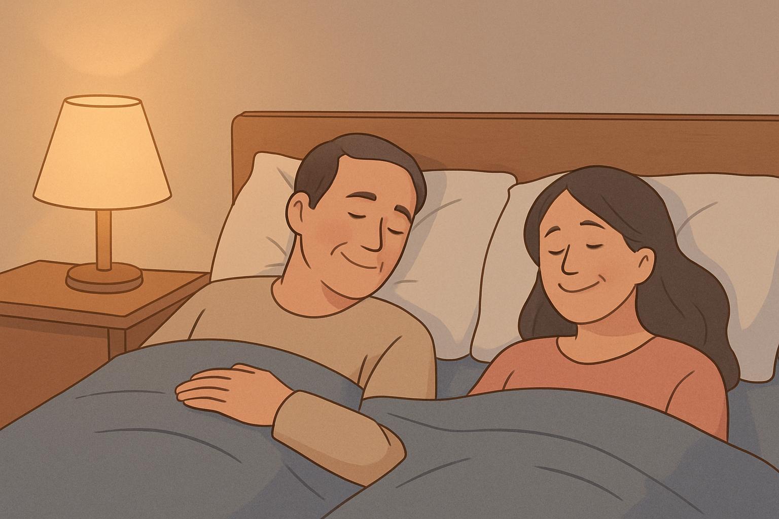 침대에서 편안한 모습으로 잠들어있는 중년부부의 이미지 만화체 그림