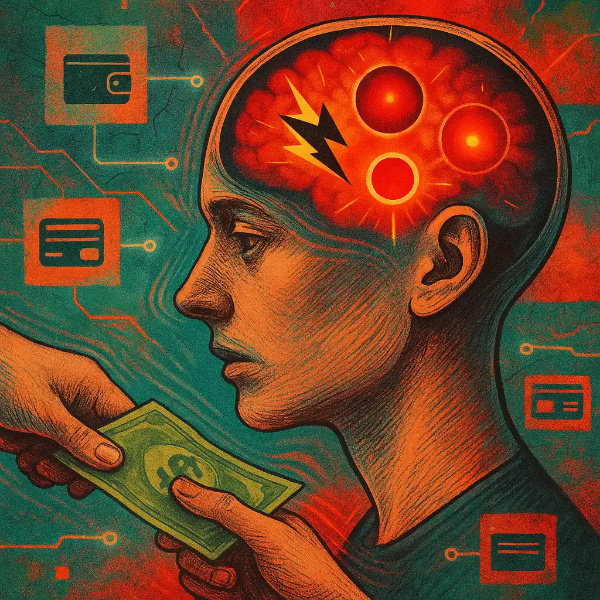 현금을 지불하는 순간, 뇌의 감정 중추가 강하게 활성화되며 발광하는 모습을 해부학적 일러스트와 초현실적 배경으로 표현한 이미지