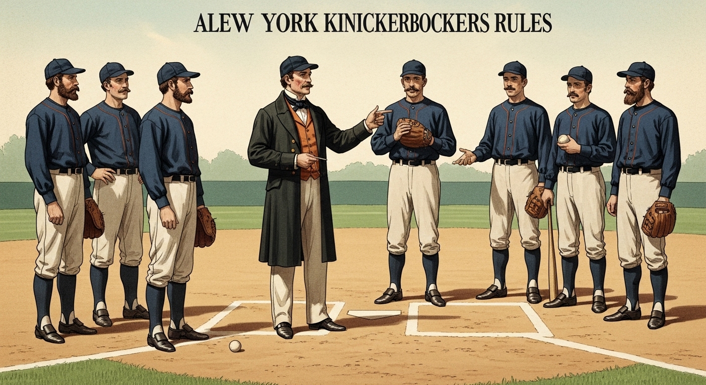1845년 알렉산더 카트라이트가 뉴욕 니커보커스 팀원들에게 야구 규칙을 설명하는 빈티지 삽화.