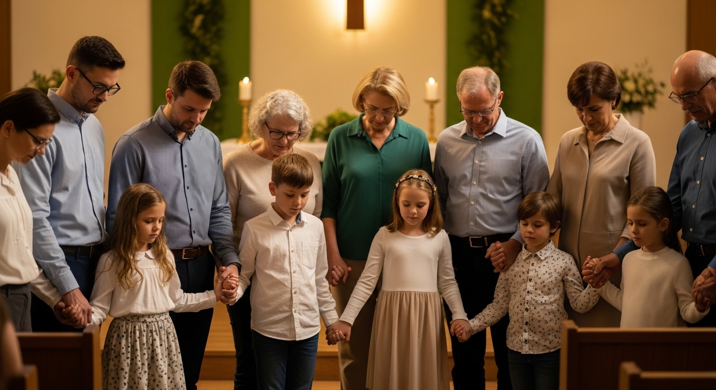다양한 연령대의 교인들이 함께 기도하며 연합된 모습을 보여주는 따뜻한 교회 공동체.