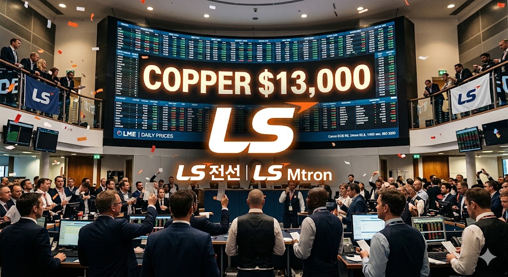 런던금속거래소(LME) 전광판에 'Copper $13,000' 숫자가 찍혀 있고, 그 앞에 LS 로고가 오버랩된 이미지