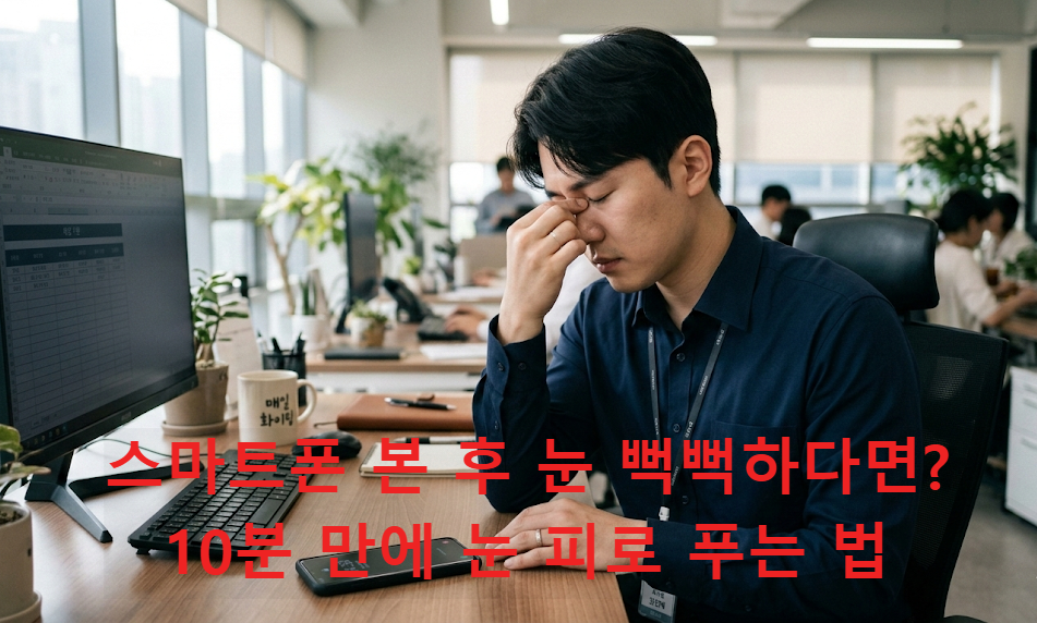 스마트폰을 보다가 눈의 피로를 풀기 위해 미간을 부드럽게 마사지하며 눈을 감고 있는 직장인의 모습.