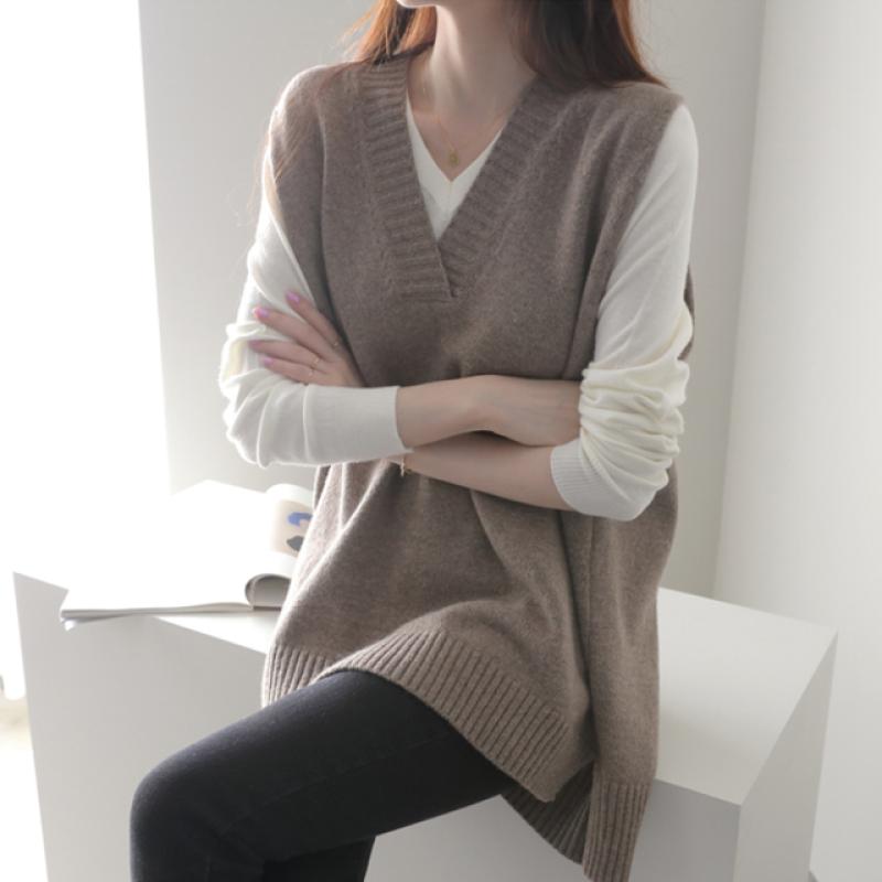 램스울 루즈핏 롱 니트 조끼 봄 가을 여성