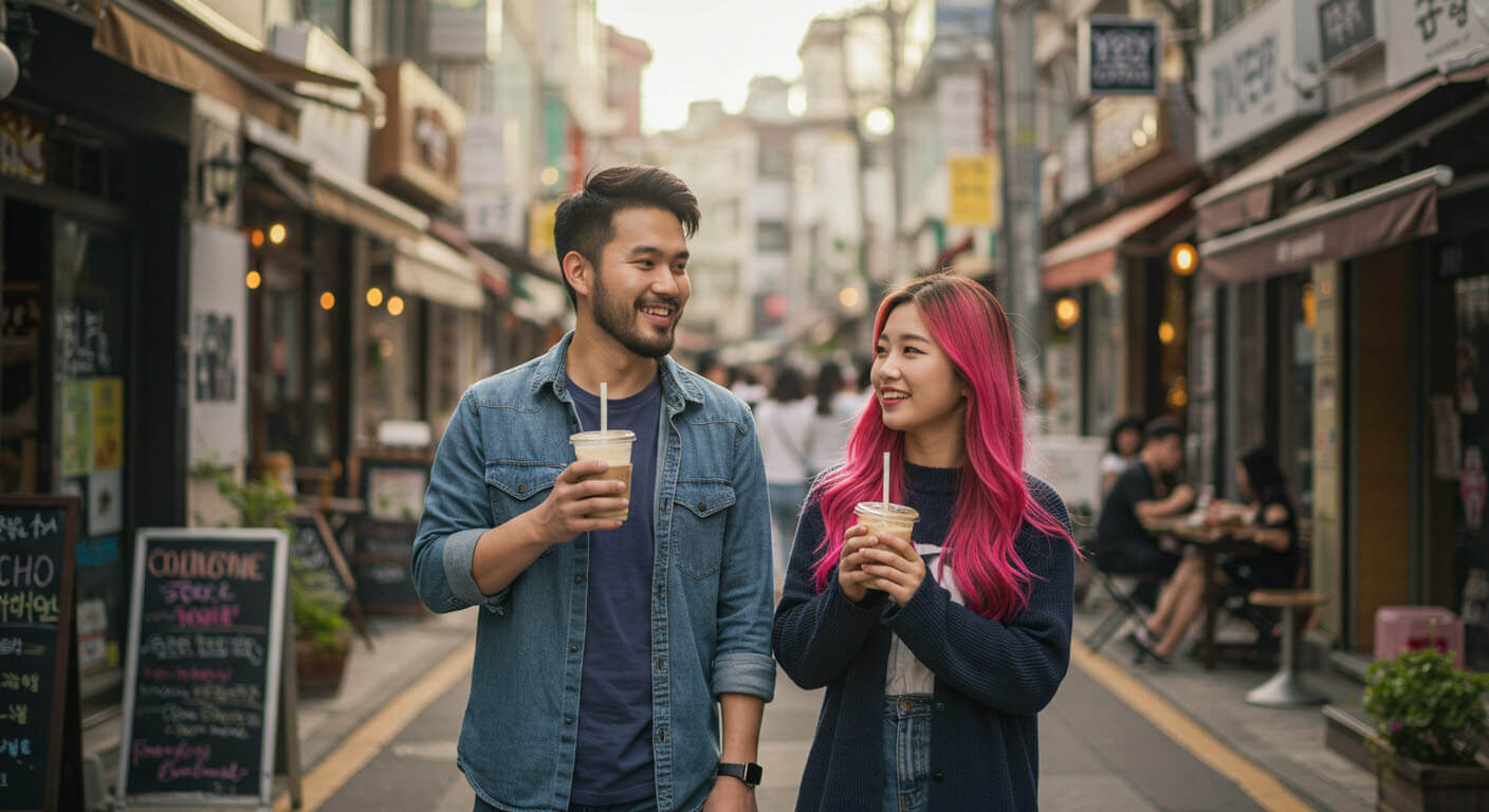 커플이 밀크티를 들고 카페거리를 담소를 나누며 걷고있는 모습