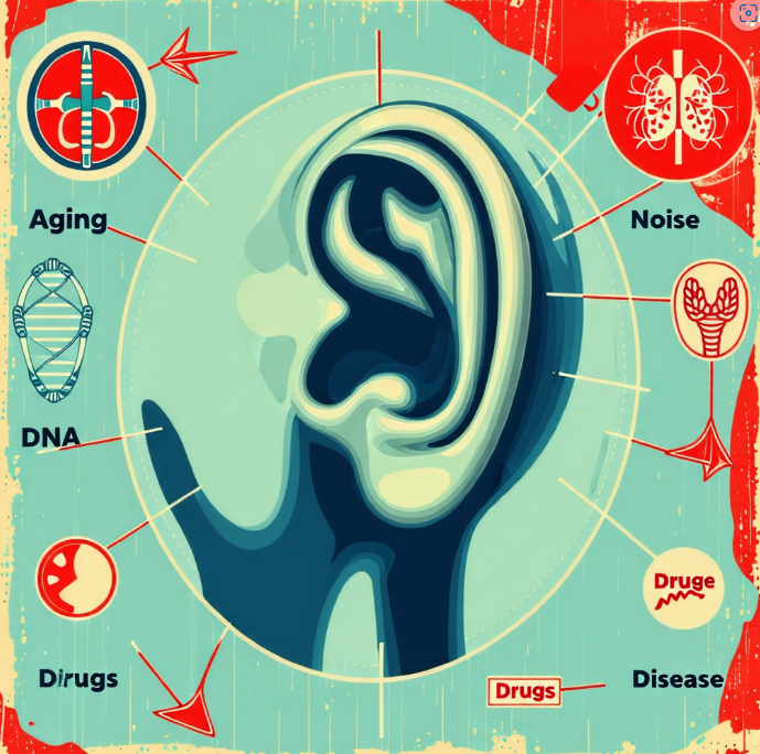 귀 모양을 중심으로 주변에 '노화', '소음', 'DNA', '약물', '질병' 아이콘이 배치되어 있고, 각 아이콘에서 귀로 향하는 화살표가 그려진 일러스트레이션