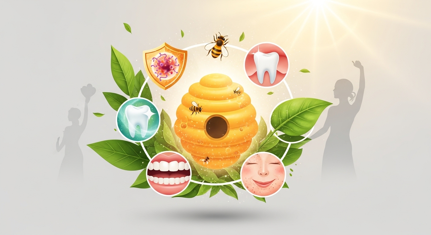 활기찬 벌집 주변에 면역력, 구강 건강, 깨끗한 피부 등 프로폴리스의 다양한 효능을 상징하는 요소들이 빛나는 모습, 자연의 활력을 강조하는 테라코타-라이트그레이 색상의 건강 보조 식품 이미지.