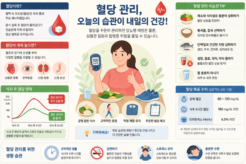 혈당 관리 방법과 식습관, 혈당 목표 수치 및 당뇨 예방 인포그래픽