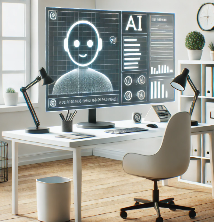 AI 시스템이 구현된 스마트 오피스 환경, 인공지능 기술을 활용한 자동화된 업무 프로세스를 나타내는 미래형 작업 공간