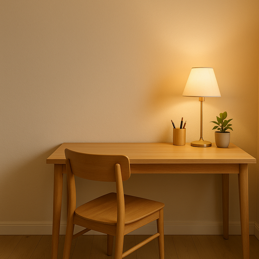 벽을 등지고 안정적으로 배치된 책상과 따뜻한 조명이 있는 홈오피스