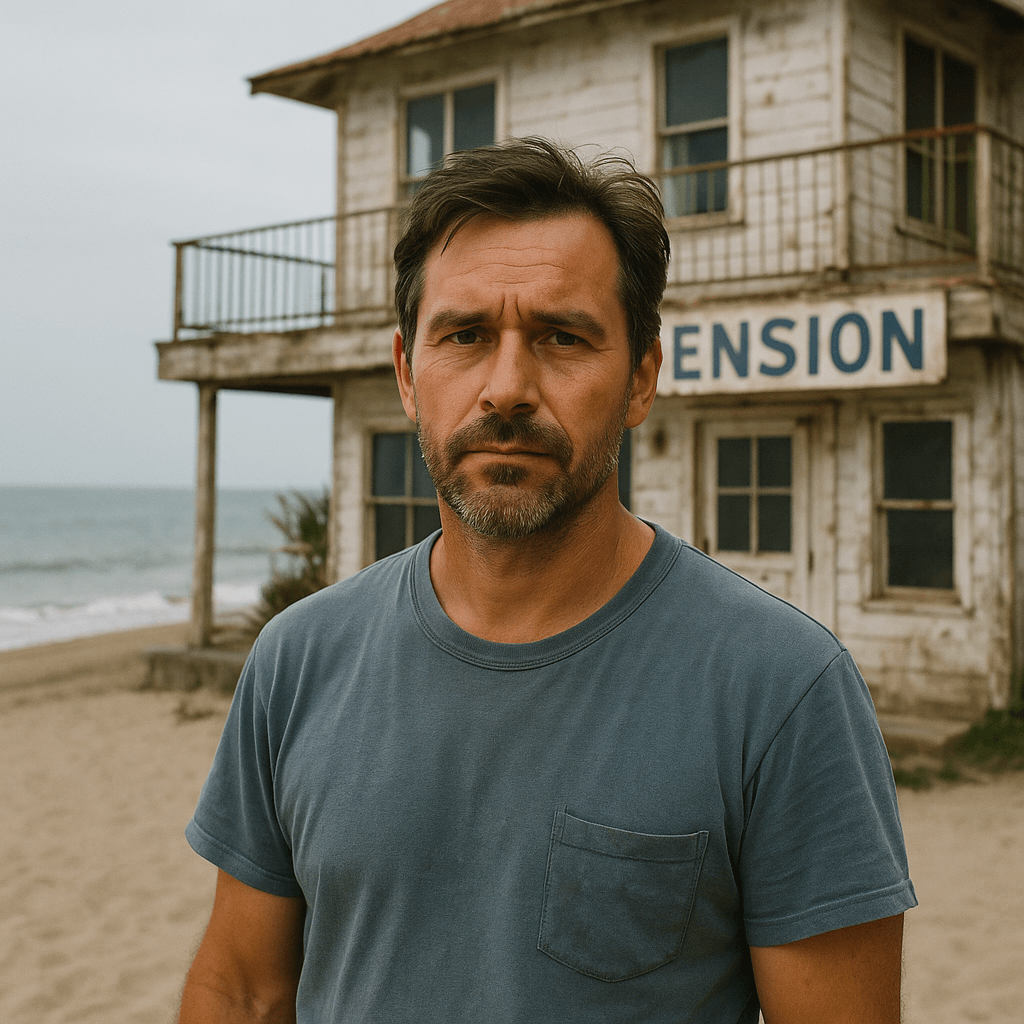 영화 붉은 해질녁에서 주인공이 페션 앞에 서 있다.