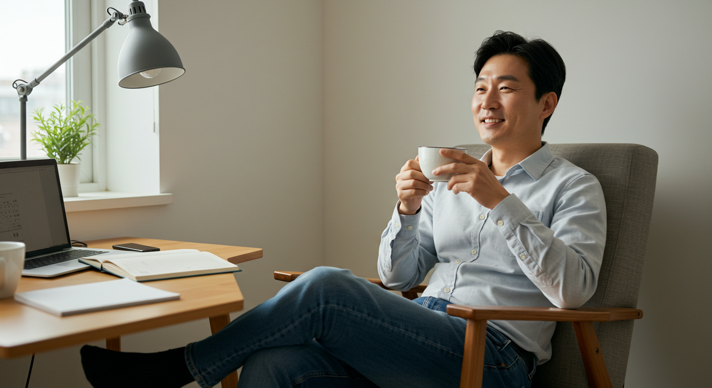 alt="블로그 글을 마치고 여유를 즐기는 남성"