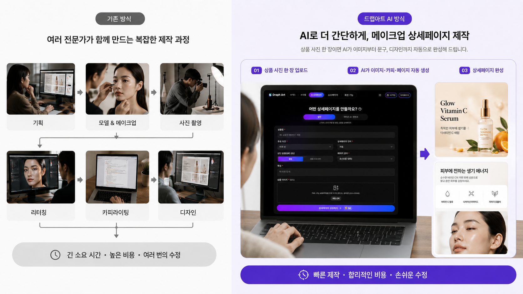 기존 제작 방식과 드랩아트 제작 방식 비교