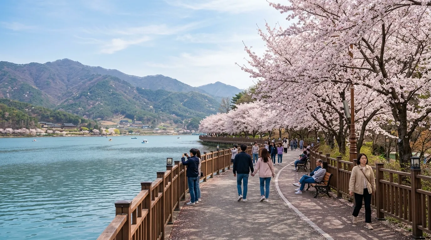 춘천 호수와 벚꽃 산책길 풍경