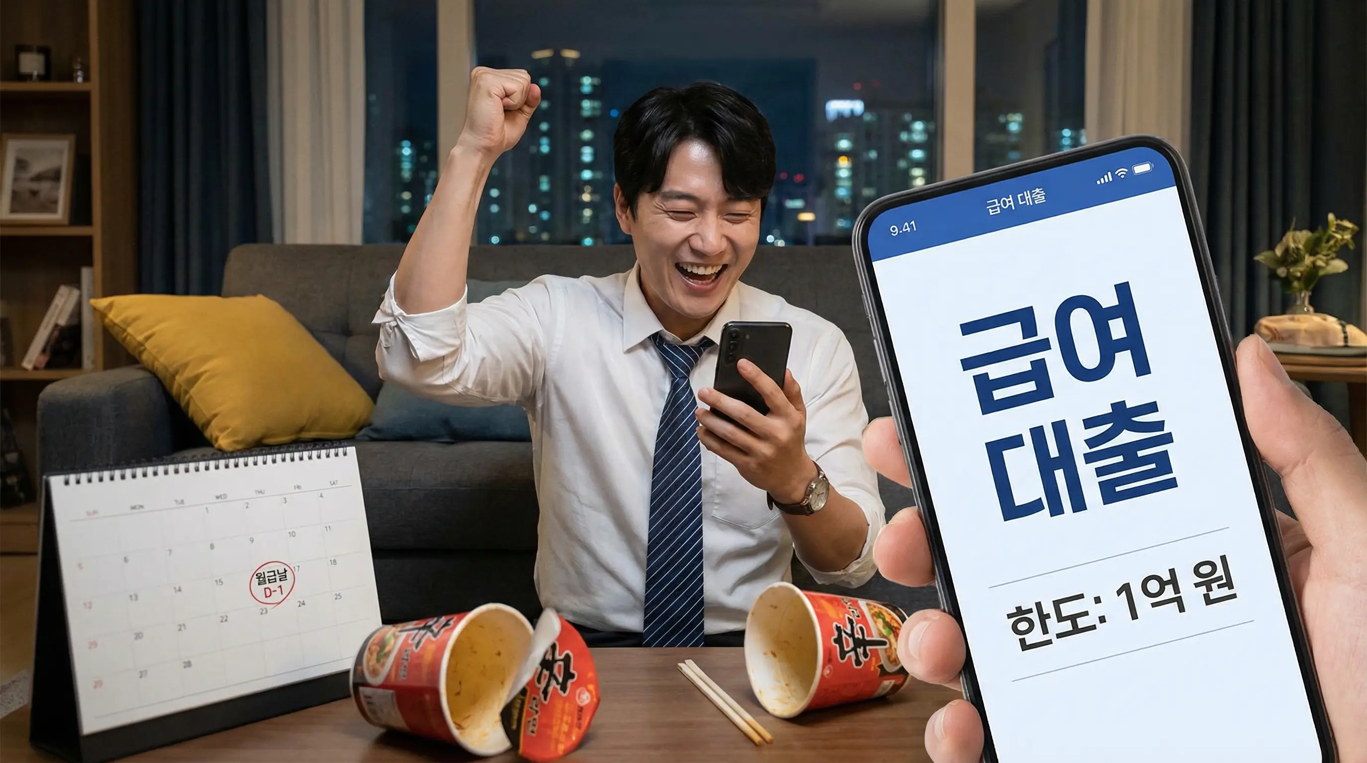 월급날을 기다리는 직장인이 스마트폰으로 높은 한도의 급여 대출을 조회하고 기뻐하는 모습