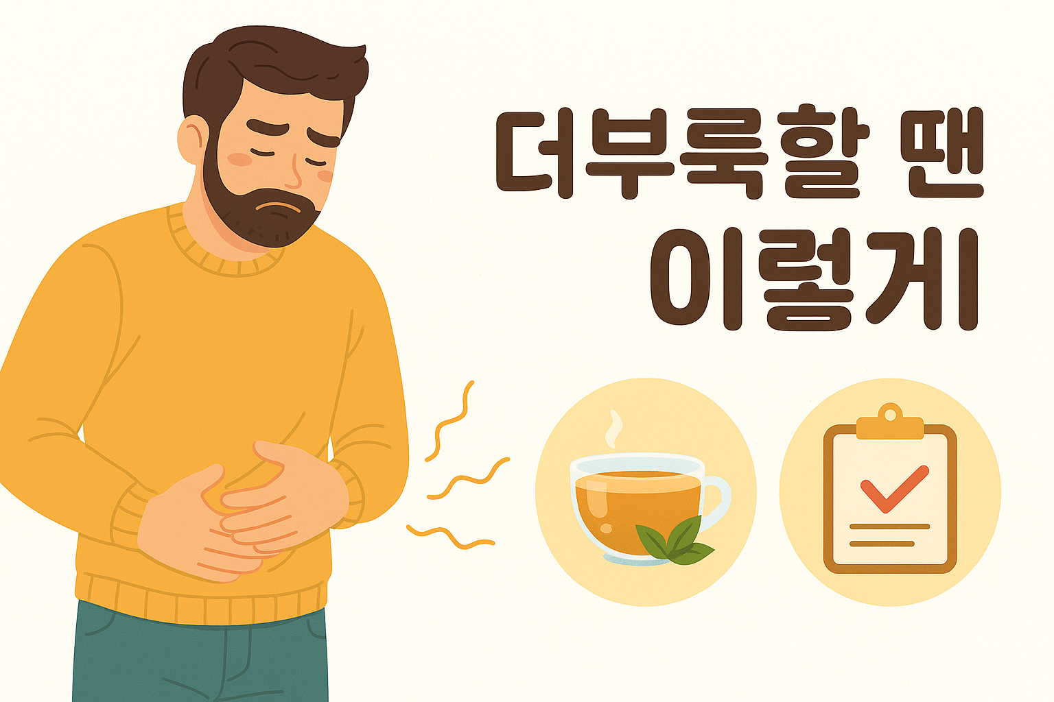 복부 불편을 느끼는 남성이 배를 감싸고 있는 평면 일러스트. 오른쪽에는 ‘더부룩할 땐 이렇게’라는 문구와 함께 따뜻한 차, 체크리스트 아이콘이 배치된 건강 정보형 썸네일.